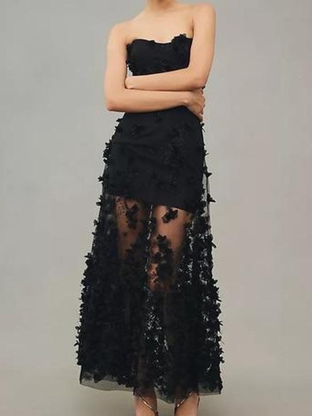 Helsi Strapless Floral Appliqué Black Maxi Dress